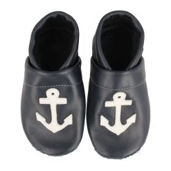 Hausschuhe / Lederpuschen Mit Anker In Blau / Weiß -Modeschuh Geschäft pantau its a small world hausschuhe lederpuschen mit anker in blau weiss 2