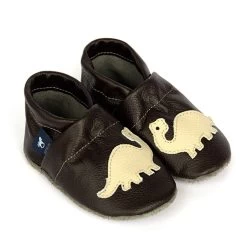 Hausschuhe / Lederpuschen Mit Dinosaurier In Dunkelbraun / Beige