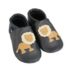 Hausschuhe / Lederpuschen Mit Löwe In Blau / Apricot