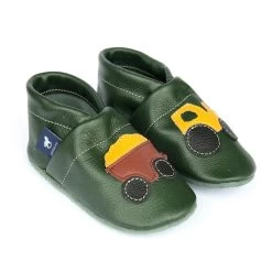 Hausschuhe / Lederpuschen Mit Traktor In Grün / Gelb