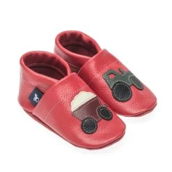 Hausschuhe / Lederpuschen Mit Traktor In Rot / Grün