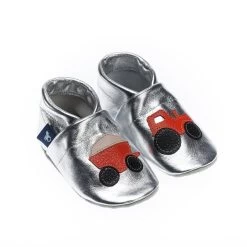 Hausschuhe / Lederpuschen Mit Traktor In Silber / Orange