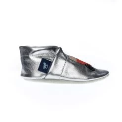 Hausschuhe / Lederpuschen Mit Traktor In Silber / Orange -Modeschuh Geschäft pantau its a small world hausschuhe lederpuschen mit traktor in silber orange 3