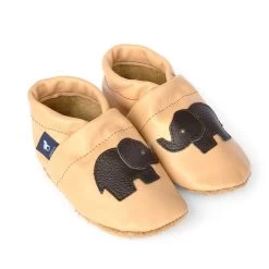 Krabbelschuhe / Lederpuschen Mit Elefant In Apricot / Dunkelbraun