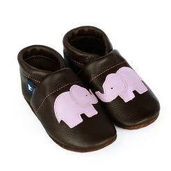 Krabbelschuhe / Lederpuschen Mit Elefant In Dunkelbraun / Lila