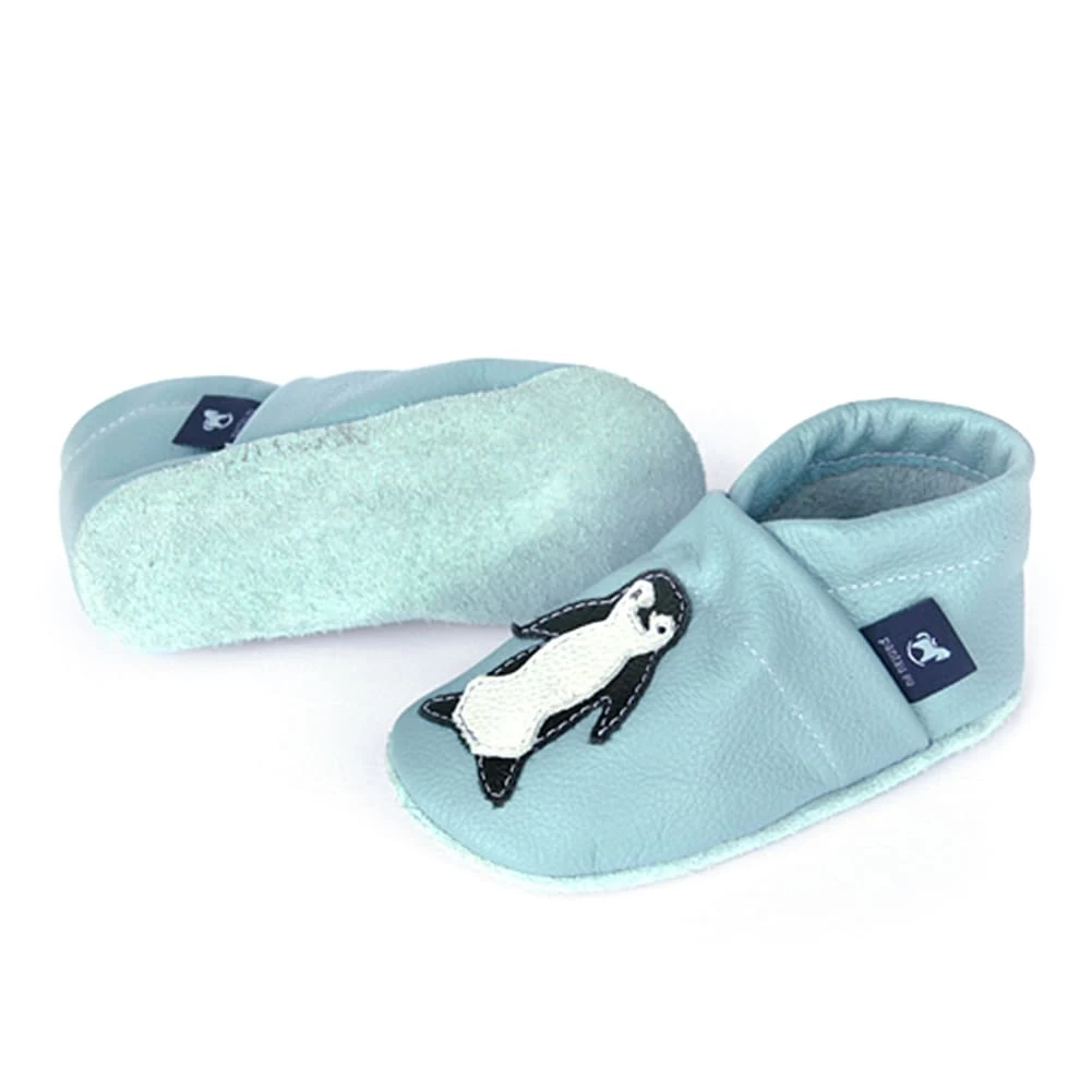 Krabbelschuhe / Lederpuschen Mit Pinguin In Hellblau / Weiß 4 Krabbelschuhe / Lederpuschen Mit Pinguin In Hellblau / Weiß – Bild 2