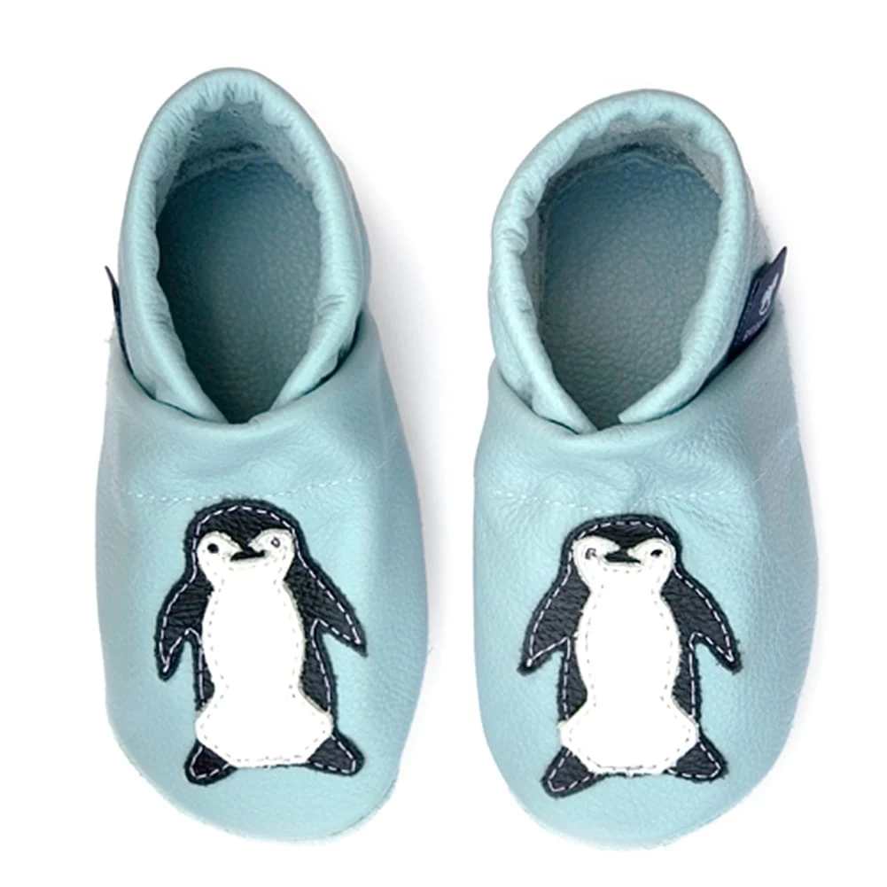 Krabbelschuhe / Lederpuschen Mit Pinguin In Hellblau / Weiß 5 Krabbelschuhe / Lederpuschen Mit Pinguin In Hellblau / Weiß – Bild 3