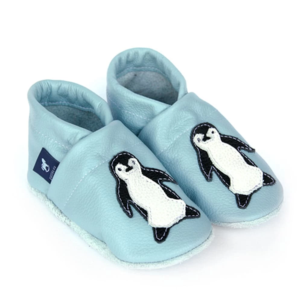 Krabbelschuhe / Lederpuschen Mit Pinguin In Hellblau / Weiß 3 Krabbelschuhe / Lederpuschen Mit Pinguin In Hellblau / Weiß
