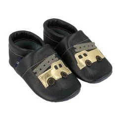 Lauflernschuhe / Lederpuschen Mit Feuerwehr In Blau / Gold