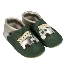 Lauflernschuhe / Lederpuschen Mit Feuerwehr In Grün / Silber