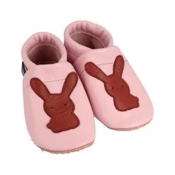 Lauflernschuhe / Lederpuschen Mit Hase In Rosa / Braun