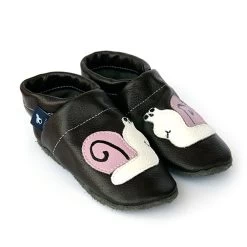 Lauflernschuhe / Lederpuschen Mit Schnecke In Dunkelbraun / Weiß