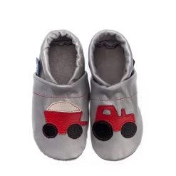 Lauflernschuhe / Lederpuschen Mit Traktor In Grau / Rot -Modeschuh Geschäft pantau its a small world lauflernschuhe lederpuschen mit traktor in grau rot 1